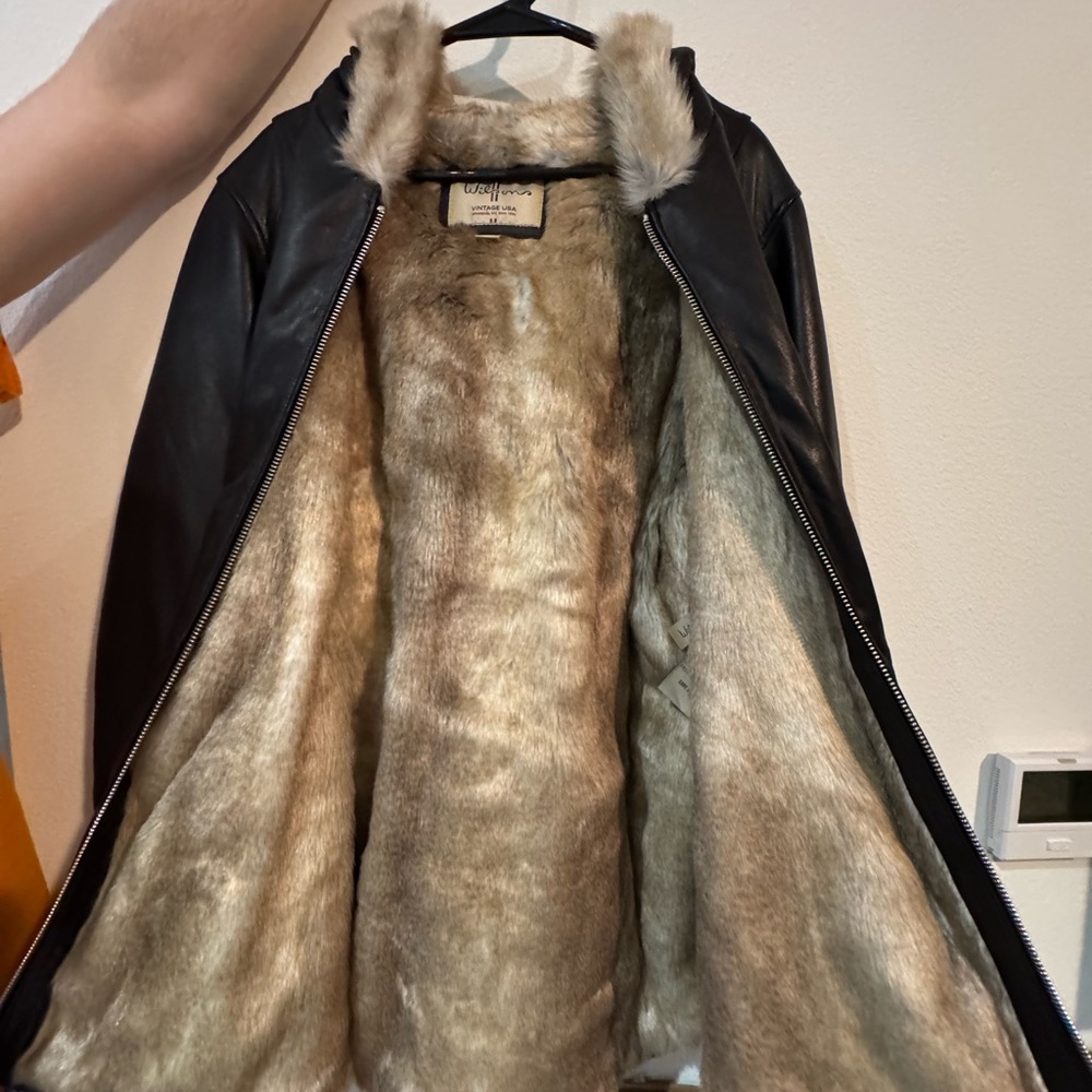 Vintage Black Leather Jacket with Fur Trim
